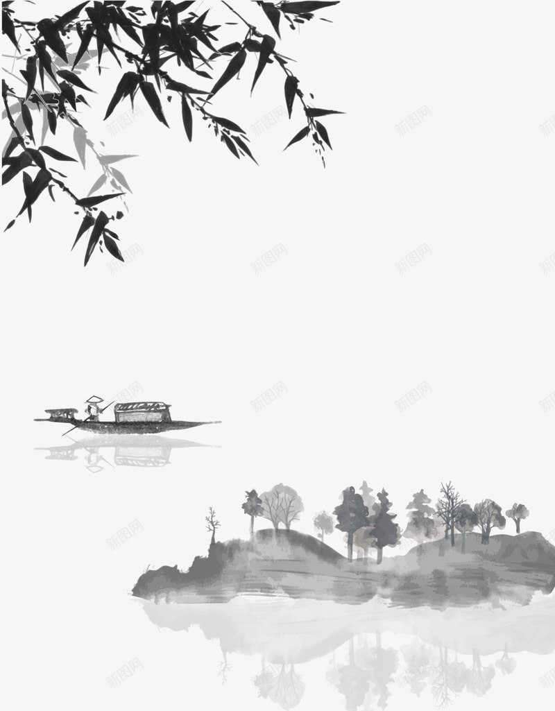 水墨湖边风景png免抠素材_新图网 https://ixintu.com 中国风 传统 古风 山水 水墨 海报 背景