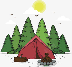红色帐篷手绘树林露营帐篷矢量图高清图片
