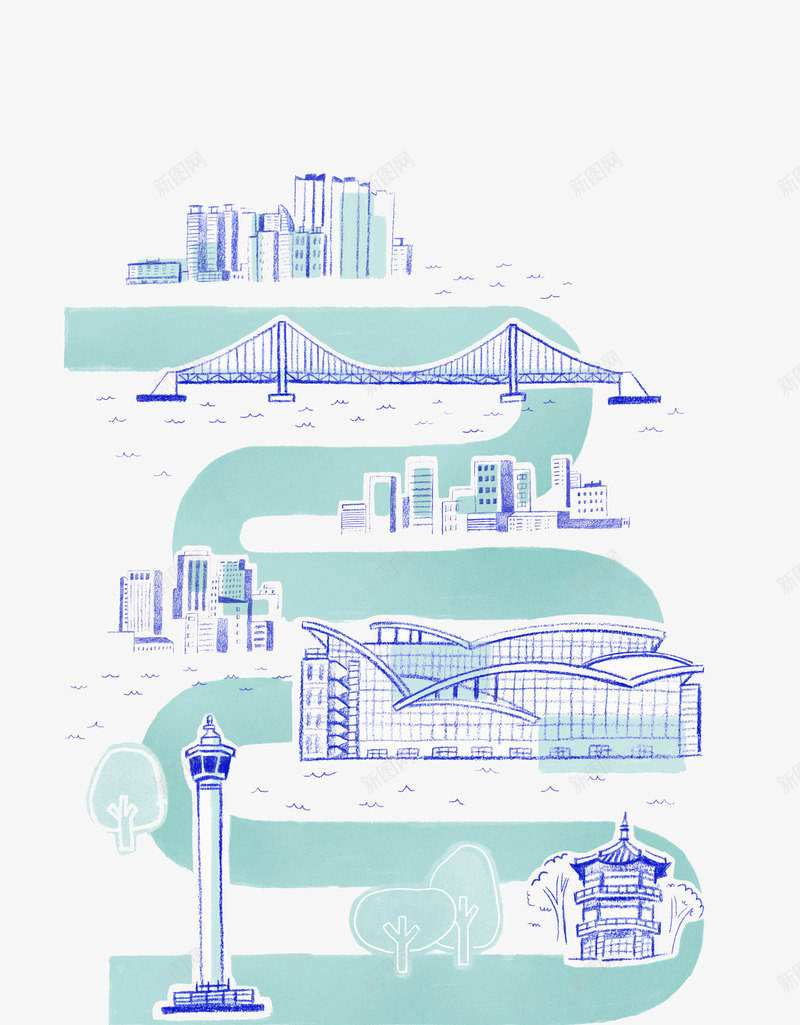 线路规划水彩插画png免抠素材_新图网 https://ixintu.com 城市 平面 建筑 水彩画 线路图 线路规划 蓝色插画