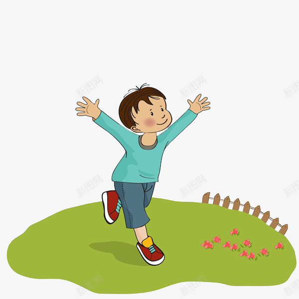 拥抱自然的男孩png免抠素材_新图网 https://ixintu.com 卡通 拥抱的 栅栏 男孩 简笔 绿色的 自然 草地