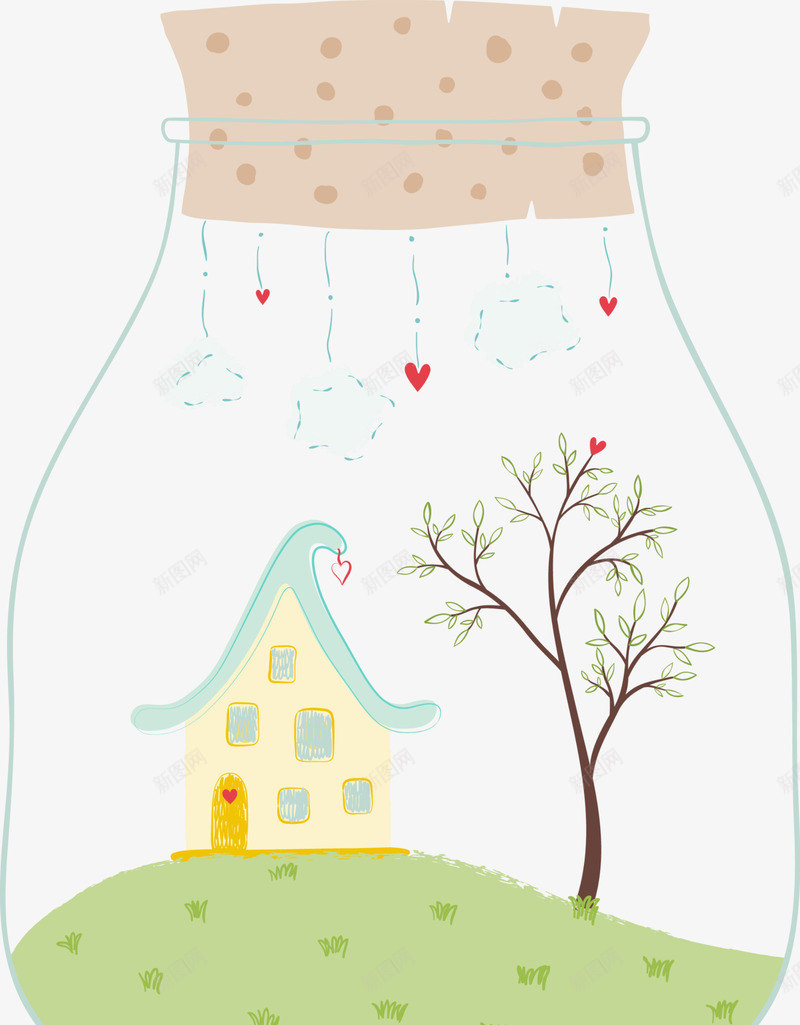 瓶子里房子png免抠素材_新图网 https://ixintu.com 创意 卡通许愿瓶 房子 水彩 瓶子 绿色树木 许愿瓶 透明的瓶子