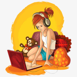 卡通少女听歌玩电脑素材