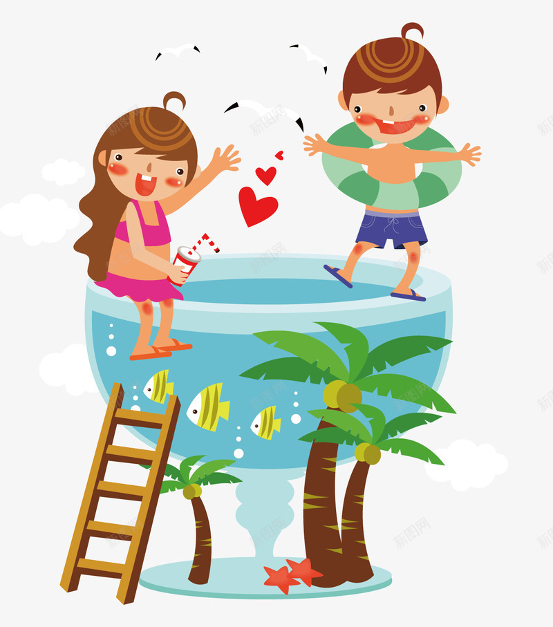 鱼缸边玩耍的儿童png免抠素材_新图网 https://ixintu.com 卡通图案 夏天 大大的鱼缸 棕色头发 男孩女孩 红色的爱心 绿色的泳圈
