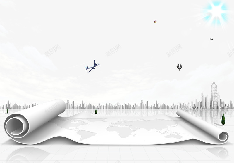 展开的世界地图png免抠素材_新图网 https://ixintu.com 世界地图轮廓 地图 城市建筑 纸卷 飞机尾气 飞行痕迹