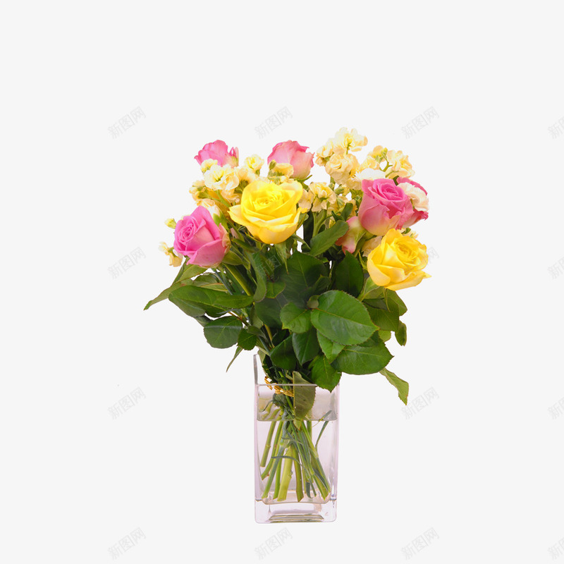 花束插花花瓶png免抠素材_新图网 https://ixintu.com 手绘 插花花瓶 玻璃的 粉色的 花朵 花束 黄色的