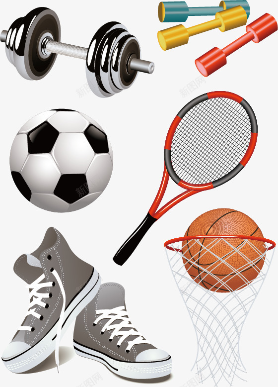 运动健身装备png免抠素材_新图网 https://ixintu.com 哑铃 球拍 篮球 足球 运动健身装备 鞋子