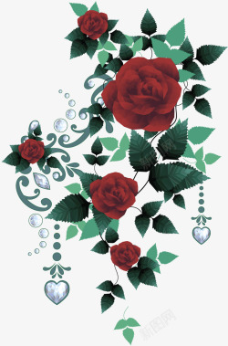 手绘玫瑰花珠宝钻石案矢量图素材
