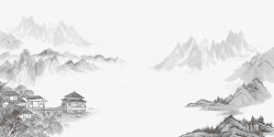 中国风山水装饰清明节水墨山水间的小屋高清图片