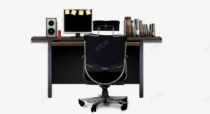 黑色书桌椅子png免抠素材_新图网 https://ixintu.com 书本 书桌 办公桌 坐位 坐席 座位 椅子 电脑 软包椅 音响