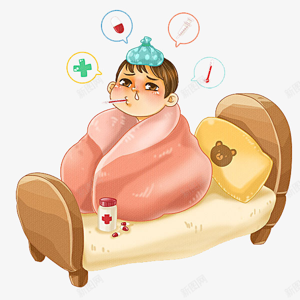 生病的男孩png免抠素材_新图网 https://ixintu.com 体温计 冰袋 卡通 可怜的 小男孩 床铺 药品