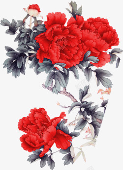 红色水墨花朵牡丹装饰画素材