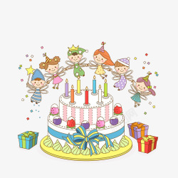 卡通天地盖生日蛋糕盒卡通围在一起庆祝生日的小精灵们高清图片