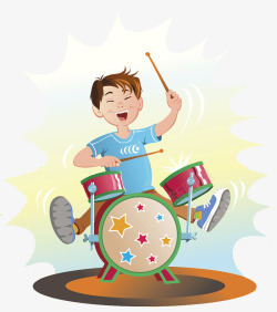 可爱卡通插图表演架子鼓的小男孩素材