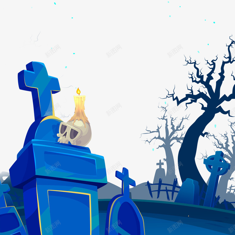 万圣节蓝色海报背景psd免抠素材_新图网 https://ixintu.com 万圣节 十字架 植物 海报背景 蓝色 蜡烛 骷髅头