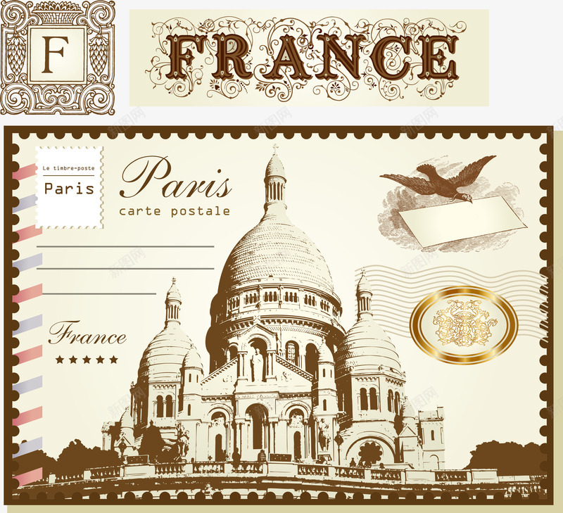 法国建筑物邮票矢量图ai免抠素材_新图网 https://ixintu.com 棕色 法国 邮票 矢量图