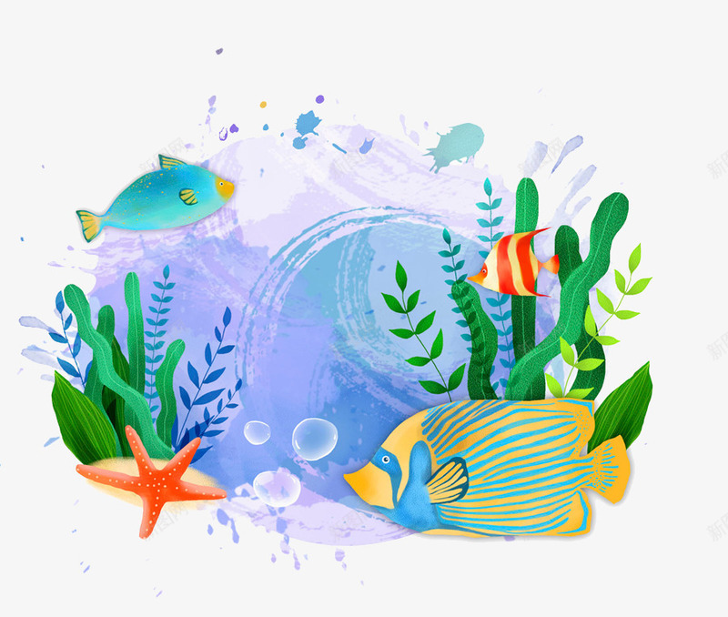 彩色创意海底生物元素png免抠素材_新图网 https://ixintu.com 创意 卡通插画 小鱼 彩色 植物 海底 海星 自然