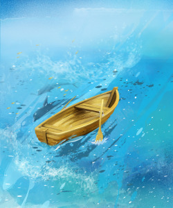 海上木船卡通手绘海上木船背景高清图片