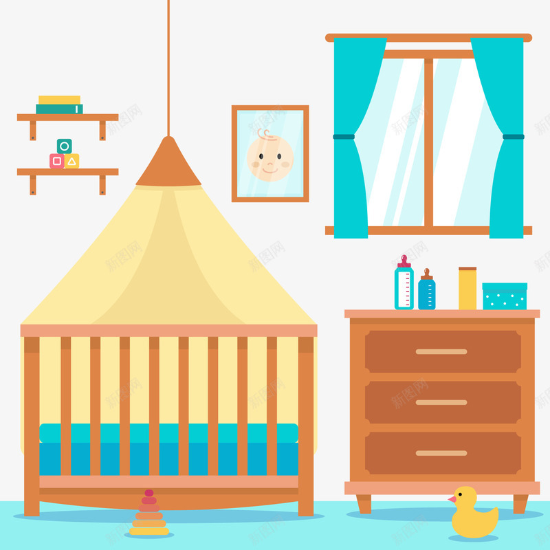 婴儿房间窗口和棕色家具矢量图ai免抠素材_新图网 https://ixintu.com 婴儿床 柜子 照片 窗户 鸭子 矢量图
