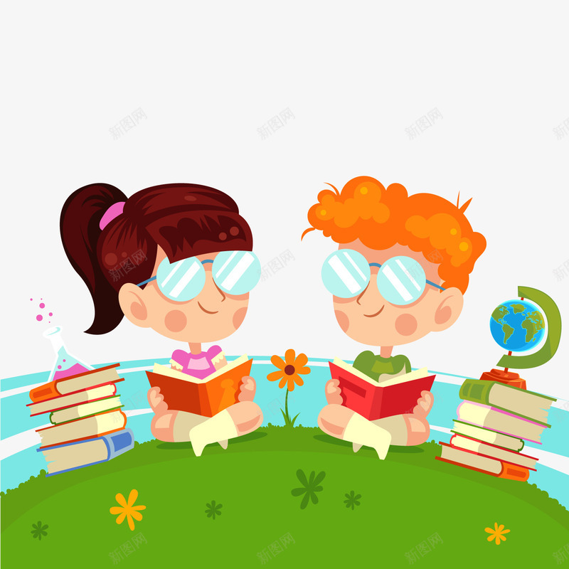 可爱草坪上读书的2个儿童png免抠素材_新图网 https://ixintu.com 上学季 卡通人物 女孩男孩 开学 读书儿童