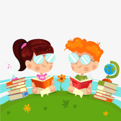 上学季可爱草坪上读书的2个儿童高清图片