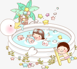 卡通浴池卡通小孩游泳高清图片