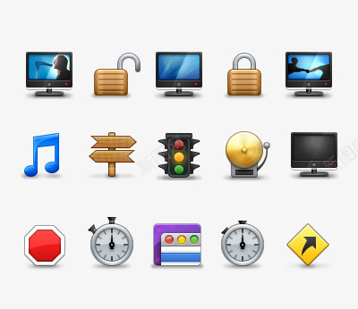15个小图标psd_新图网 https://ixintu.com 小图标 电脑 红绿灯 钟 锁