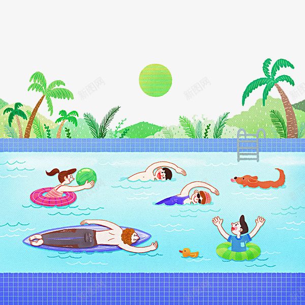 娱乐的人们png免抠素材_新图网 https://ixintu.com 划艇 卡通 大树 小狗 泳圈 游泳人 游泳池 简笔 绿色的
