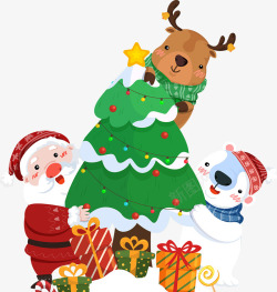公公圣诞老人雪人拥抱圣诞树高清图片