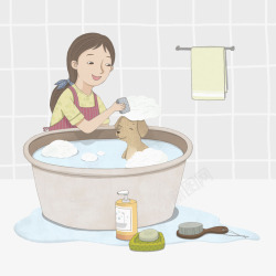沐浴小狗给小狗洗澡的女子高清图片