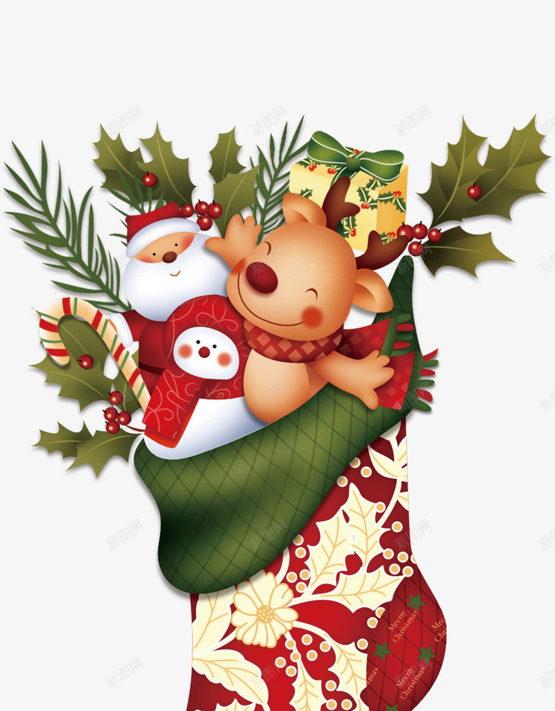 圣诞节装饰袜子png免抠素材_新图网 https://ixintu.com 圣诞老人 圣诞节装饰 果实 树叶 礼盒 袜子 雪人 麋鹿