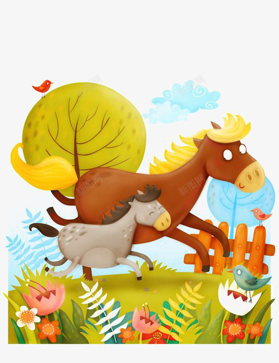 驴和马png免抠素材_新图网 https://ixintu.com 儿童插画 卡通驴 奔跑 马