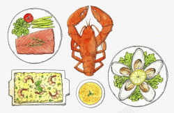 三文鱼沙拉龙虾大餐素描高清图片