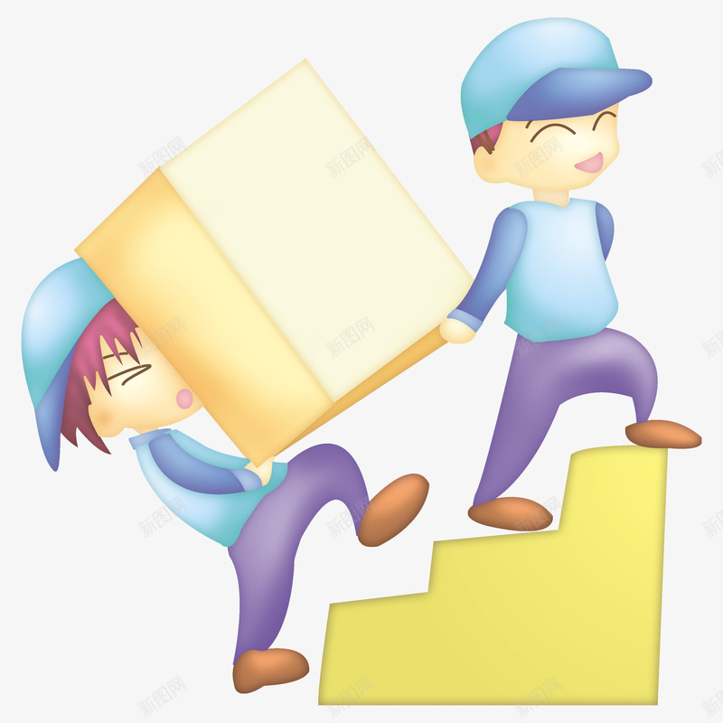 搬货物的男孩png免抠素材_新图网 https://ixintu.com 帽子 手绘 搬运 棕色 楼梯 男孩 箱子 蓝色