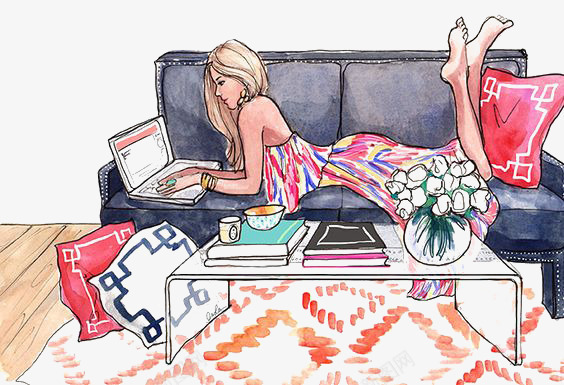 玩电脑的女孩png免抠素材_新图网 https://ixintu.com 卡通 女孩 客厅 手绘 插画 沙发