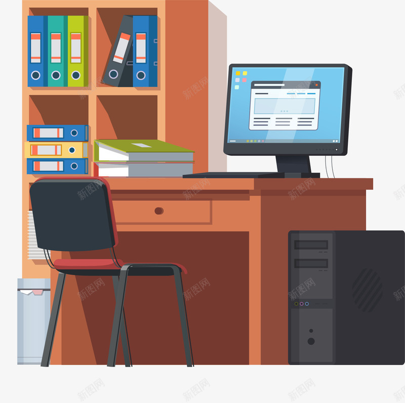 书架和电脑png免抠素材_新图网 https://ixintu.com 书架 办公室 办公桌 卡通 文件夹 椅子 电脑