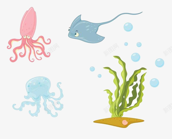 卡通海底生物png免抠素材_新图网 https://ixintu.com 卡通 海底 海草 生物素材 章鱼