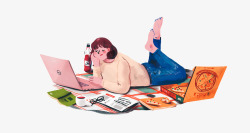卡通手绘休闲玩电脑的女人插画素材