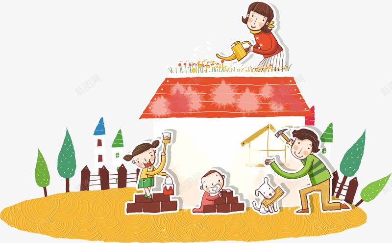 全家出动盖房子png免抠素材_新图网 https://ixintu.com 全家人 刷墙 屋子 幸福一家 建房子 装修