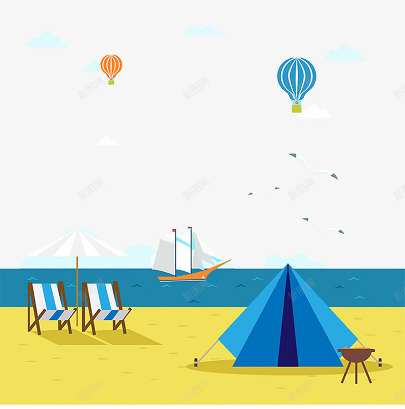 夏季海边插画png免抠素材_新图网 https://ixintu.com 夏季 插画 沙滩 沙滩椅 海 海边