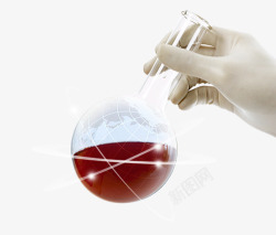手拿玻璃器皿装在玻璃器皿里的红色药水高清图片