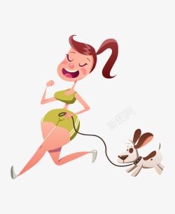 遛狗奔跑保持身材带着狗狗跑步的女生高清图片