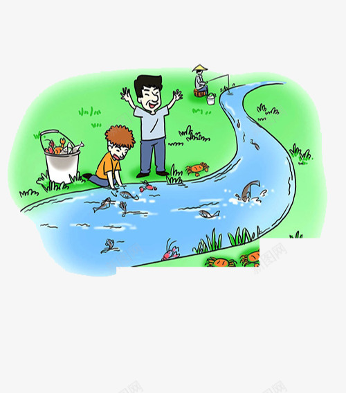 简单的风景png免抠素材_新图网 https://ixintu.com 河流 清澈的河水 绘画 装饰 鱼