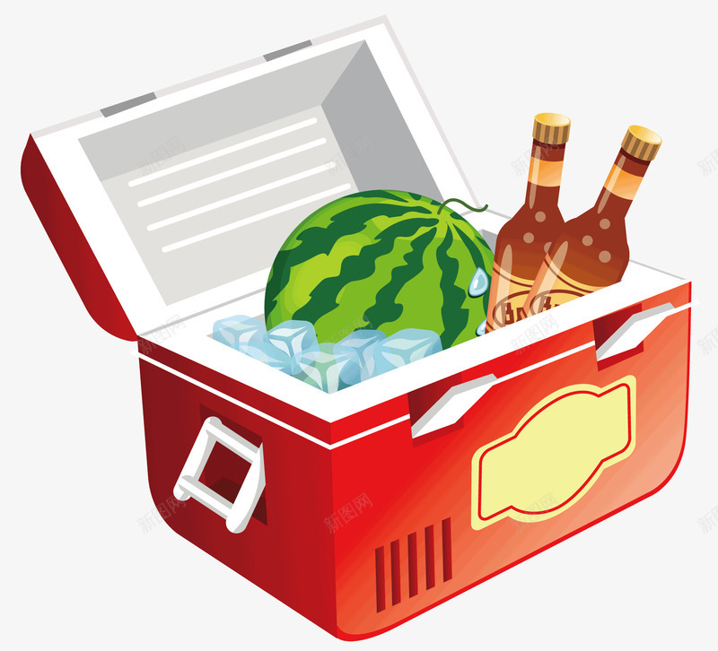 冰箱里的西瓜饮料矢量图ai免抠素材_新图网 https://ixintu.com 冰块 夏天 棕色的饮料 红色的小冰箱 绿色的大西瓜 黄色的标签 矢量图