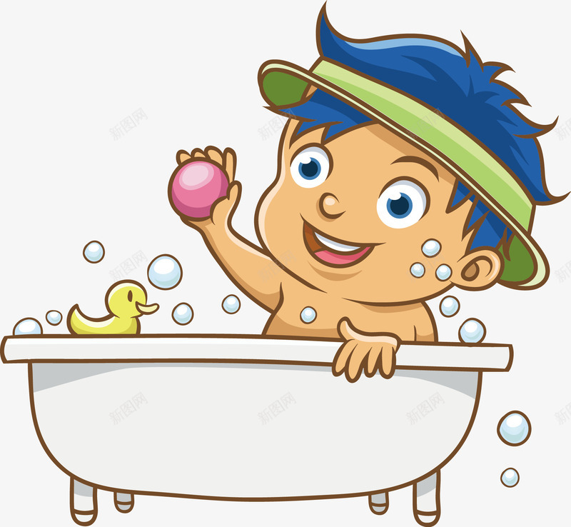 洗澡的小男生png免抠素材_新图网 https://ixintu.com 卡通人物 小男孩 小黄鸭 泡泡 鱼缸