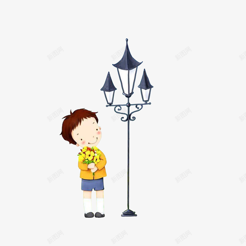 抱着花束等车的男孩psd免抠素材_新图网 https://ixintu.com 卡通插画 抱着花束的男孩 等车的人 路灯