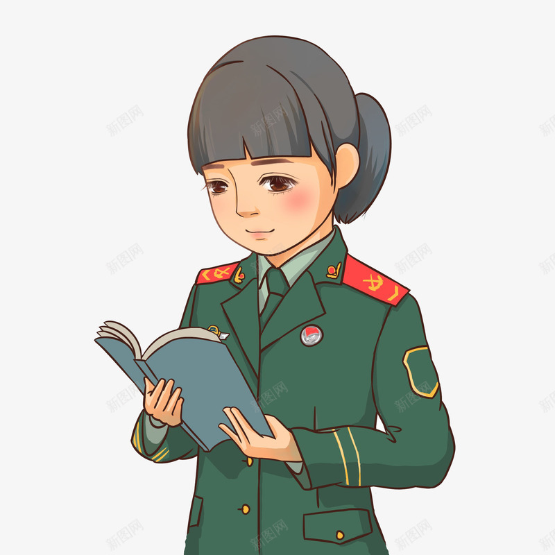 女兵看书png免抠素材_新图网 https://ixintu.com 一个 书本 军服 卡通 女兵 手绘 绿色 蓝色
