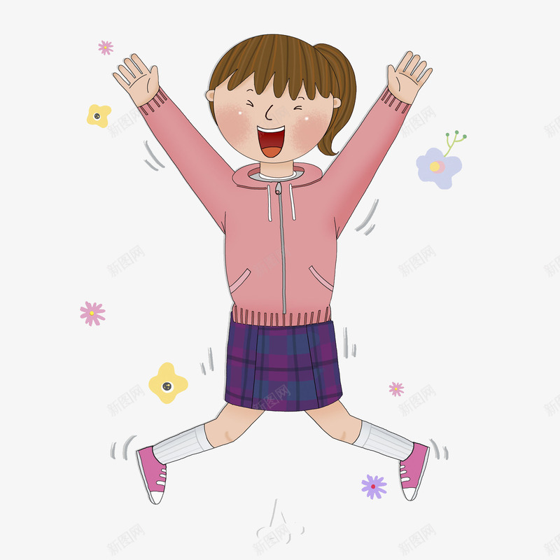 开心的女孩png免抠素材_新图网 https://ixintu.com 卡通人物 喝彩图案 喝彩开心 奔跑欢呼 女孩女生 格子裙 粉色上衣 跳跃 马尾辫