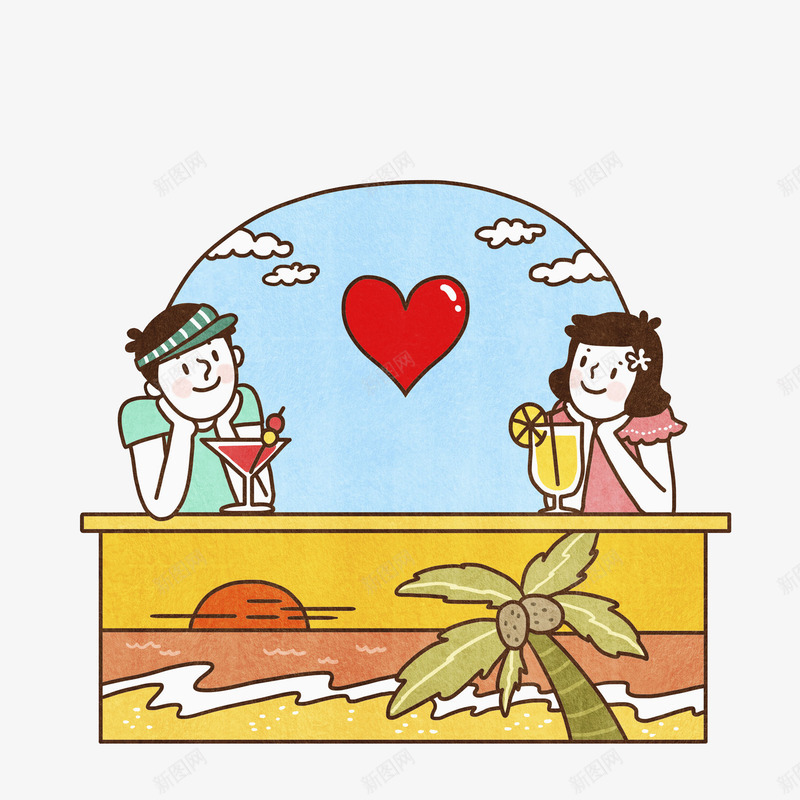 手绘海滩情侣漫画png免抠素材_新图网 https://ixintu.com 创意 卡通 可爱 彩色的 情侣 手绘的 海滩 漫画 简单