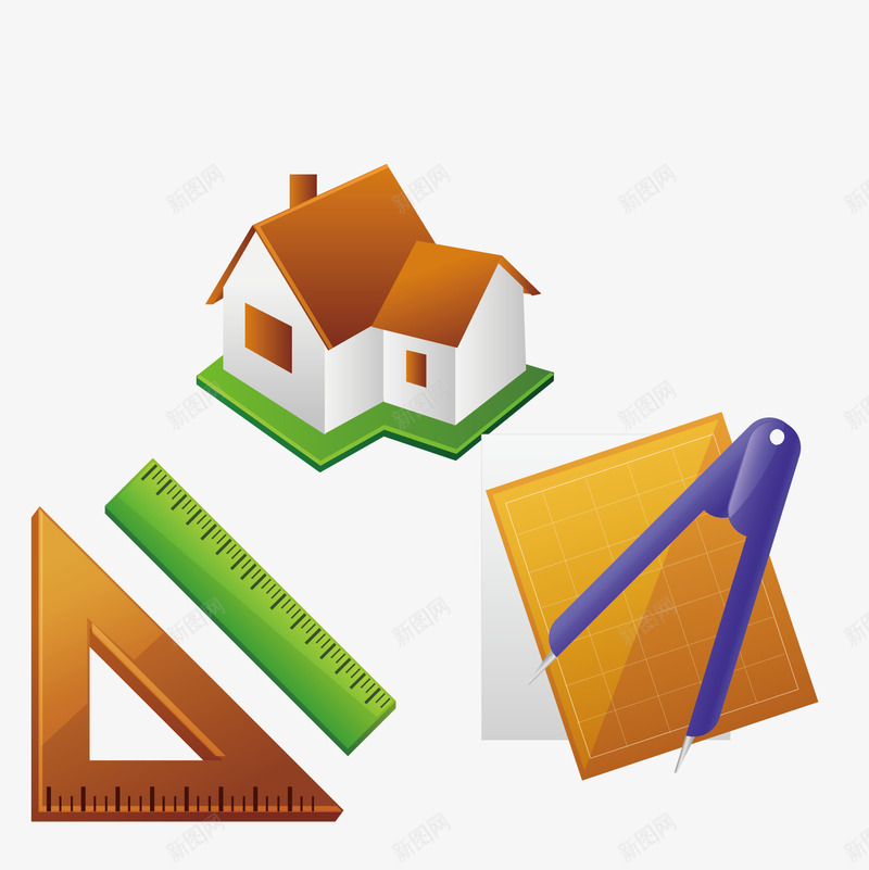 绘制建造房子的图纸png免抠素材_新图网 https://ixintu.com 三角板 图纸 圆规 尺子 绘图