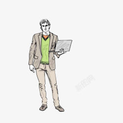 站着的男子卡通单手拿着笔记本电脑的男子素高清图片